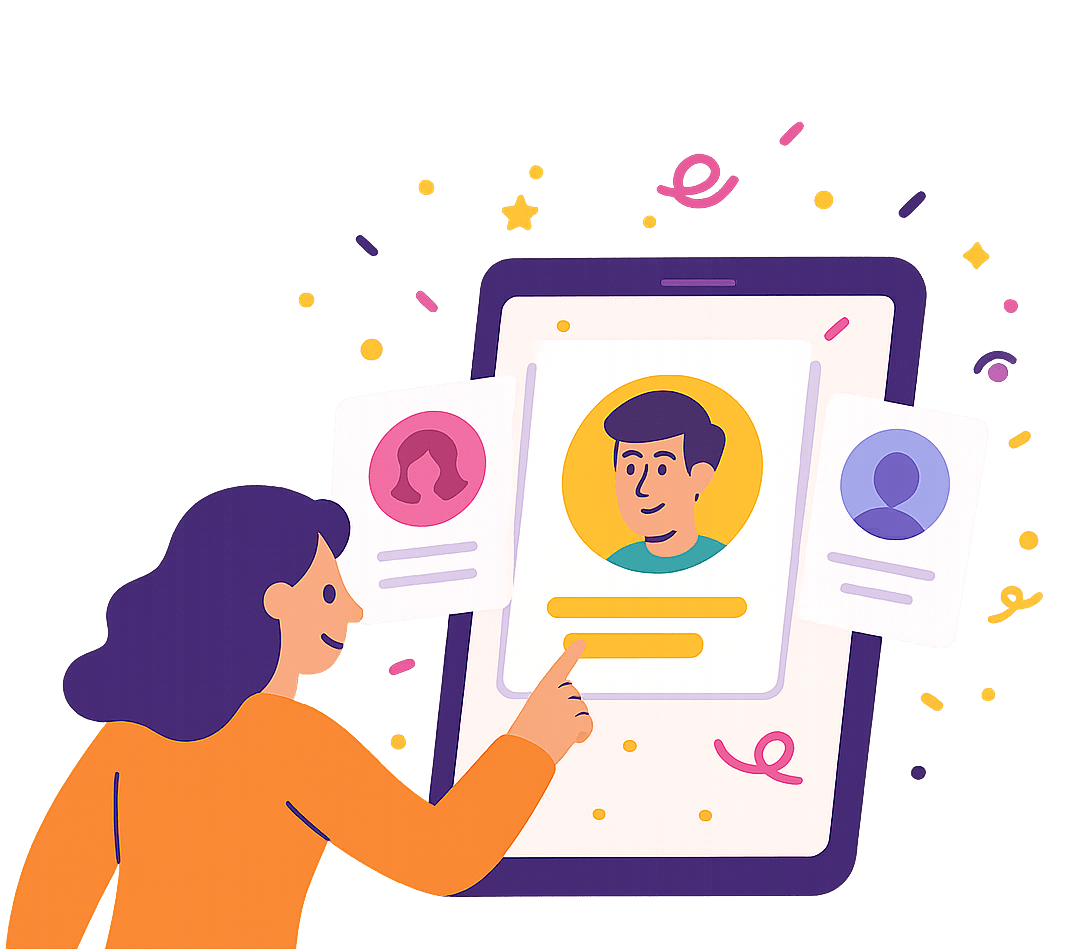 Illustration of person pointing at phone with profile cards